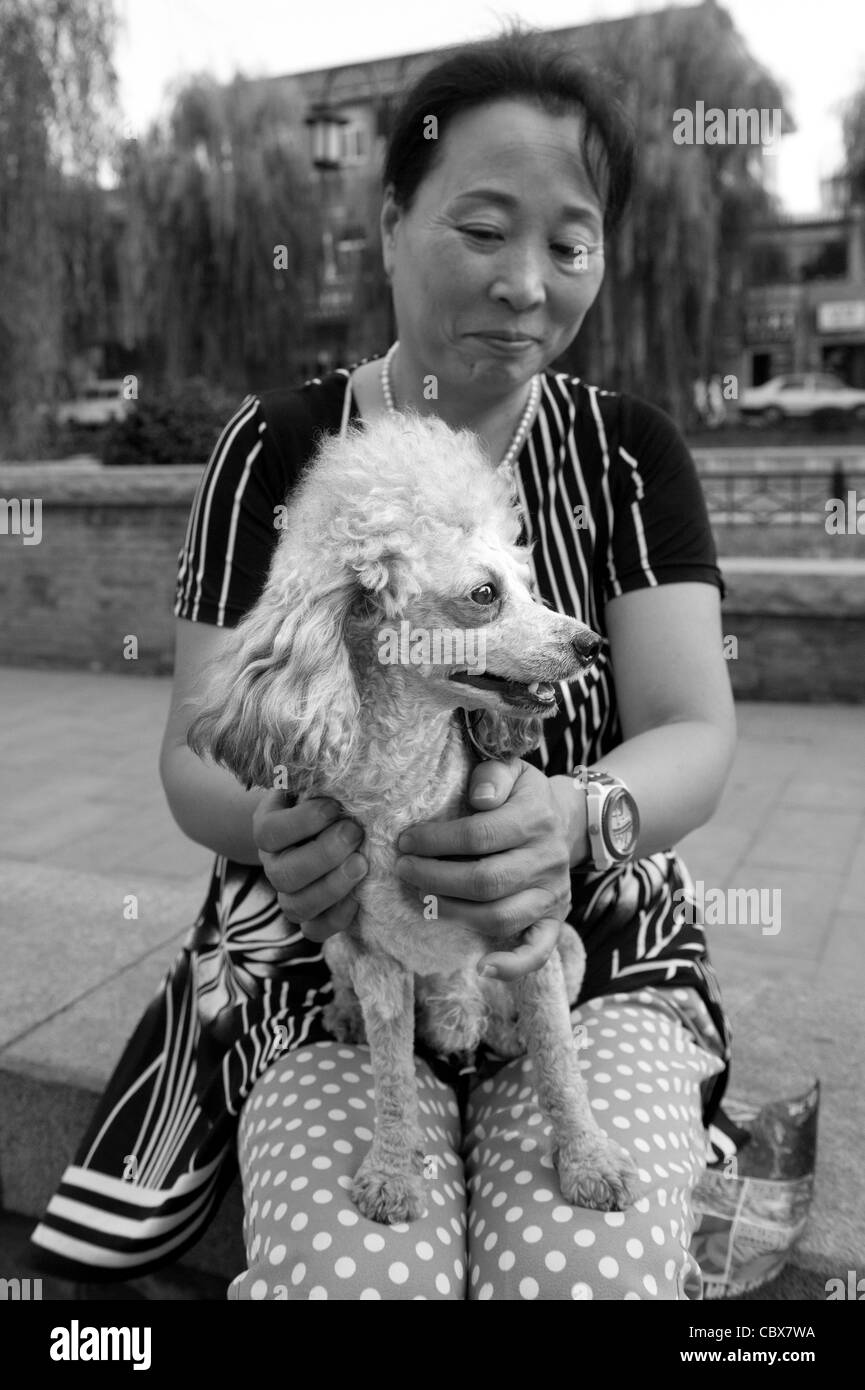 Beijing, Houhai. Frau mit ihrem Pudelhund. Stockfoto