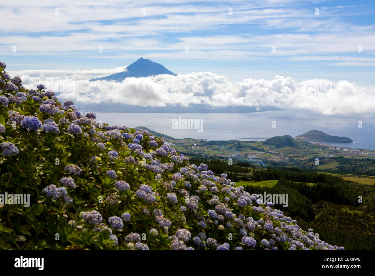 Rund um die Caldeira Fayal. Blick über das Wasser zu Berg Pico Stockfoto