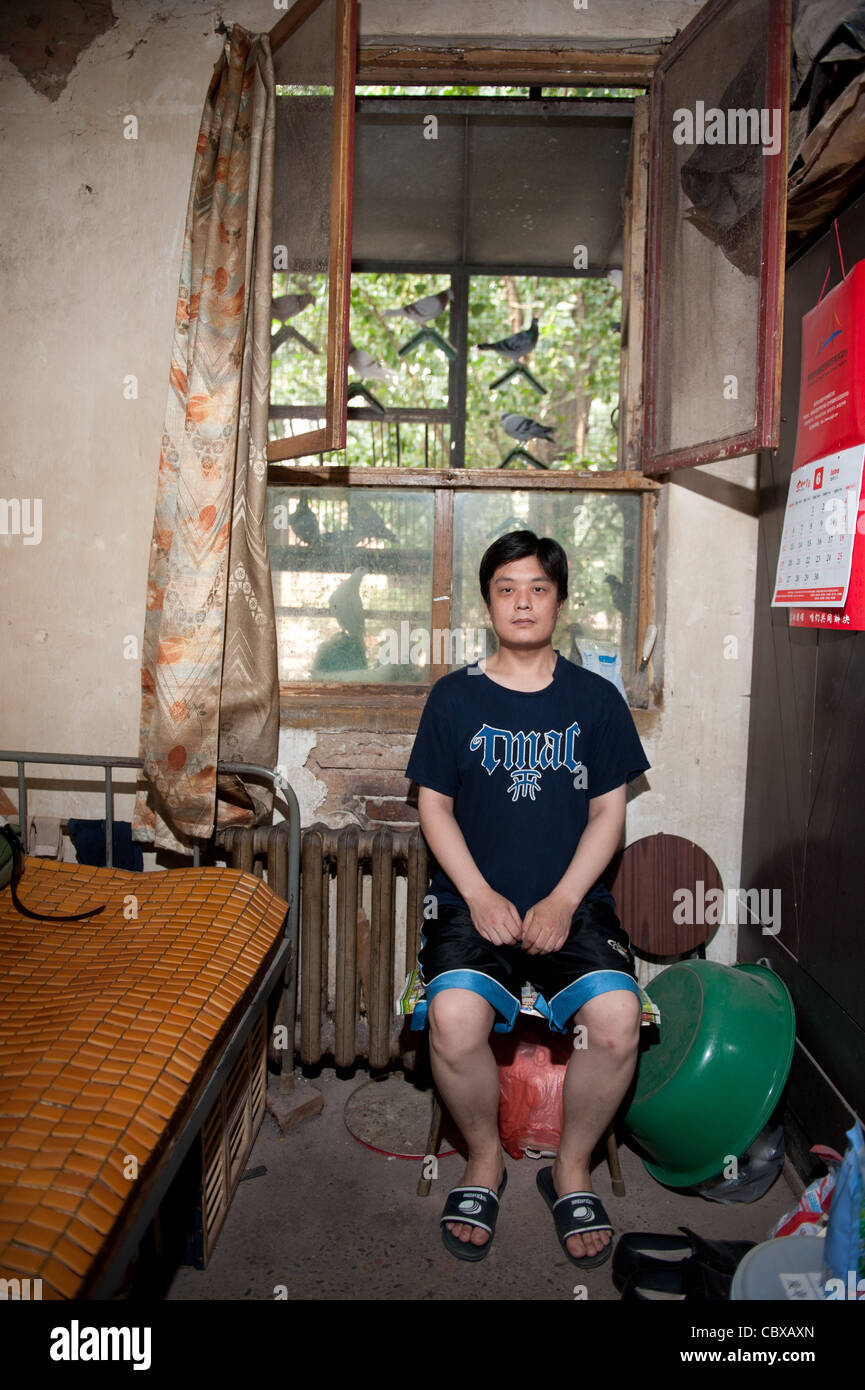 Beijing, Lidu. Das Zimmer von Herrn Guo Jia ist gleichzeitig der Eingang zu den Tauben von seinem Vermieter. Stockfoto