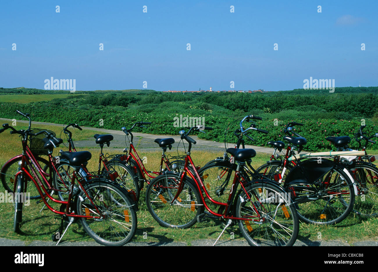 Fahrräder abgestellt auf die Ringschloot, eine kreisförmige Radweg auf der Ostfriesischen Insel Langeoog, Deutschland Stockfoto