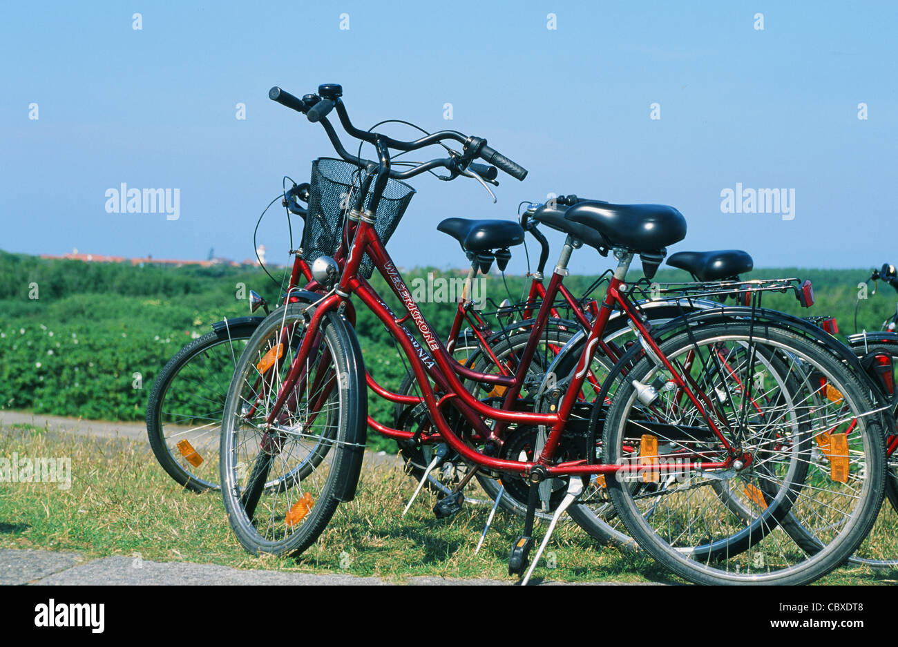 Fahrräder abgestellt auf die Ringschloot, eine kreisförmige Radweg auf der Ostfriesischen Insel Langeoog, Deutschland Stockfoto