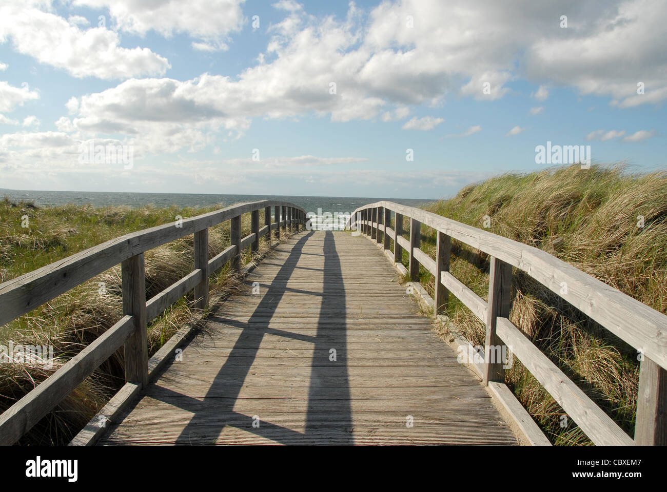 Holzsteg als Strand Eingang durch die Dünen der Weißenhäuser Strand, einem Urlaubsort an der deutschen Ostseeküste. Stockfoto