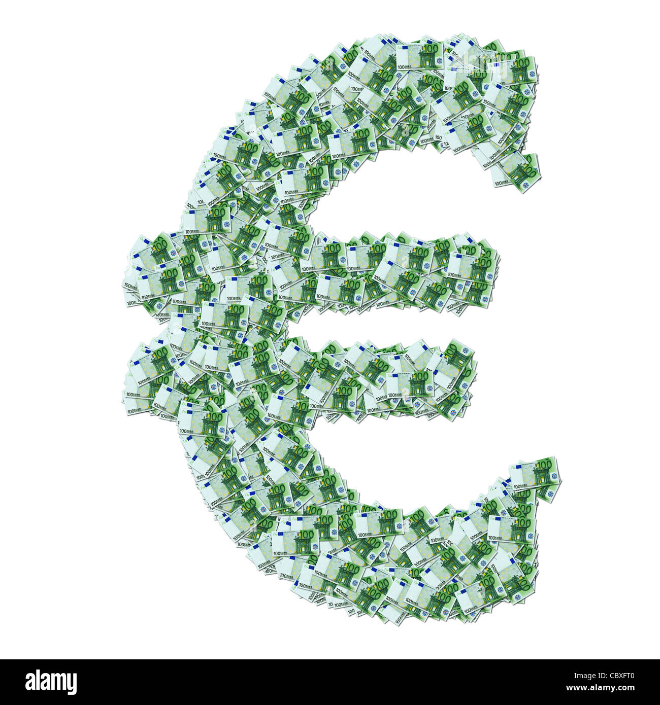 Das Euro-Symbol mit 100 Euro Banknoten hergestellt.  Symbole € Composé À Partir de Karten de Banque de 100 Euro. Stockfoto