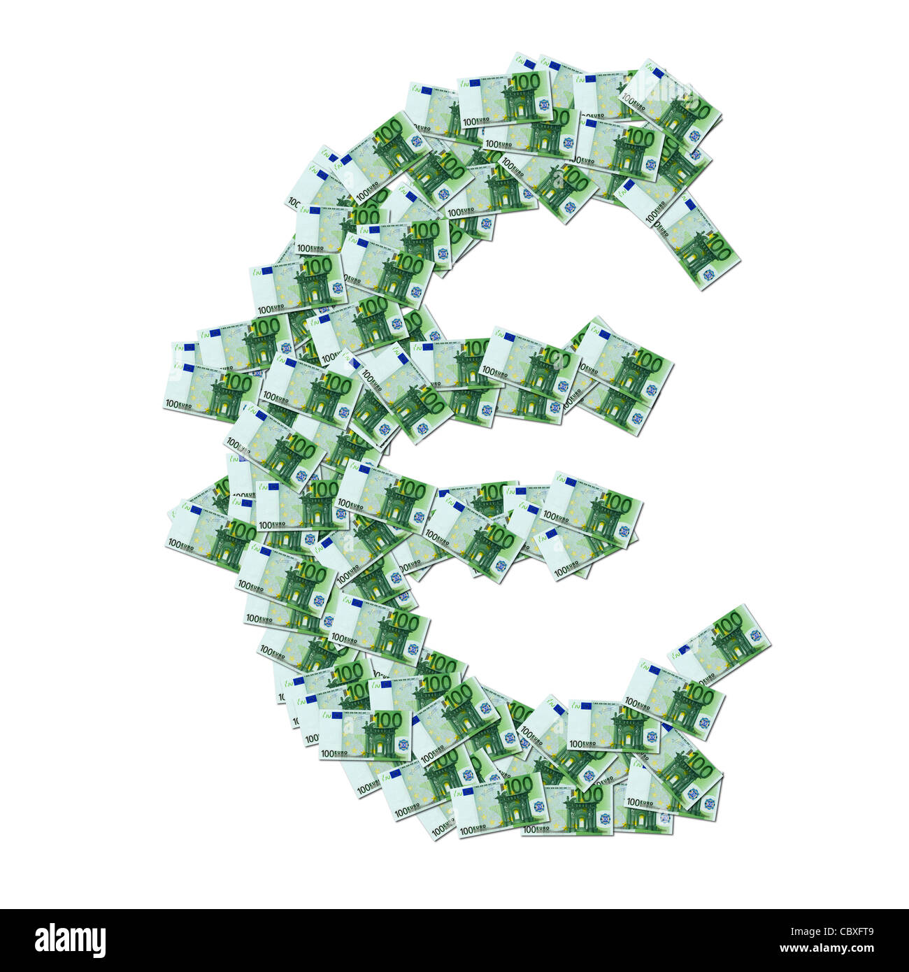 Das Euro-Symbol mit 100 Euro Banknoten hergestellt.  Symbole € Composé À Partir de Karten de Banque de 100 Euro. Stockfoto