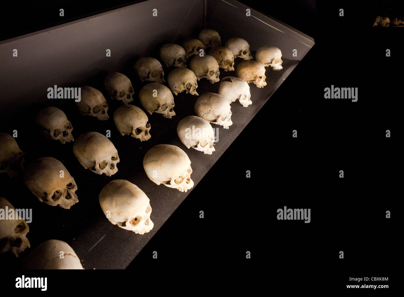 Schädel der Opfer von Völkermord in Ruanda von 1994 liegen in Kigali Völkermord Memorial Center. Stockfoto