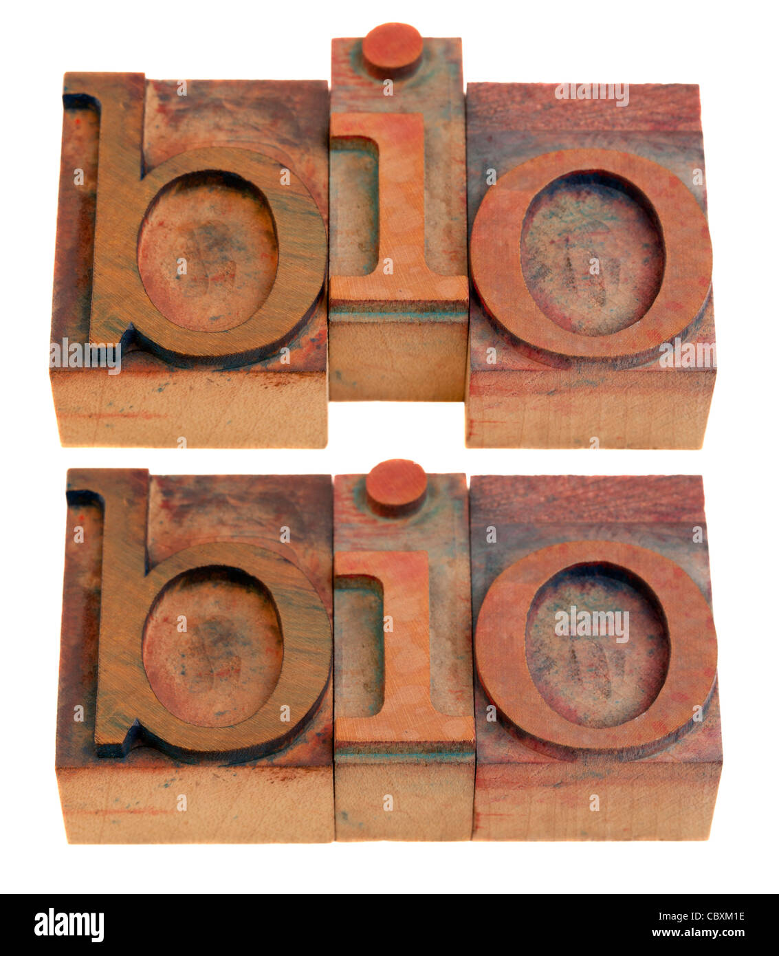 Biografie oder Biologie Konzept, Bio Verkürzung Wort in Vintage Holz Buchdruck Blöcke isoliert auf weiss, zwei layouts Stockfoto