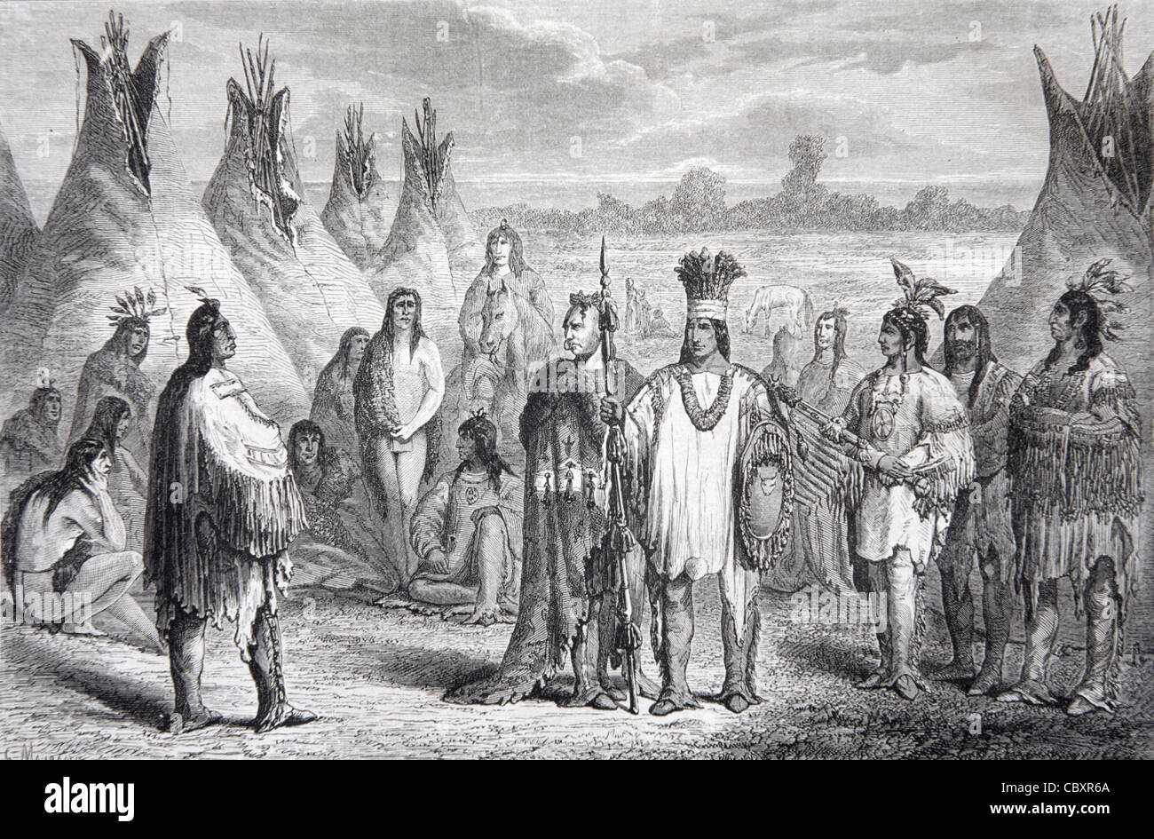 Cree Indian Chief & Family Tribe unter Tepees oder Tipis, Kanada. 1860 Gravieren oder Vintage Illustration Stockfoto