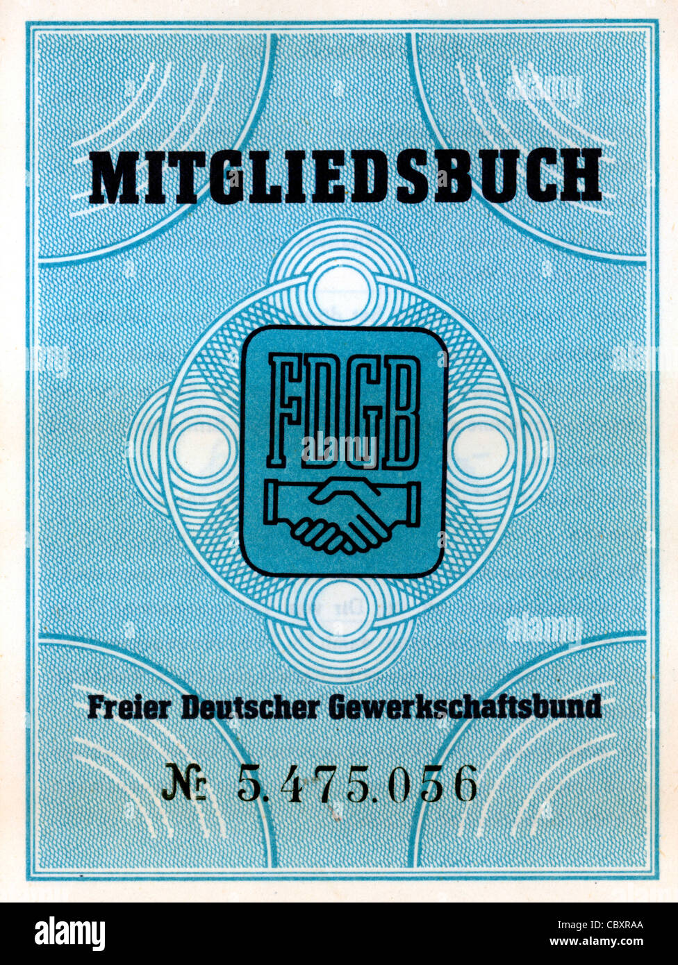 Buchen Sie Mitglied des Vereins Gewerkschaft "Freie Deutsche Gewerkschaftsbund" FDGB der DDR. Stockfoto