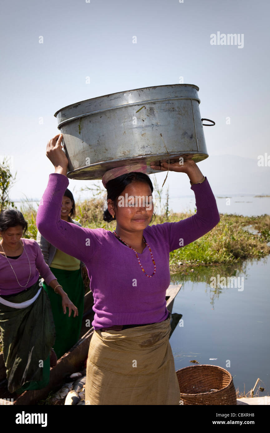 Indien, Manipur, Imphal, Loktak See, Sendra Insel Fischerdorf, Übertragung von Frau fangen an Land Stockfoto