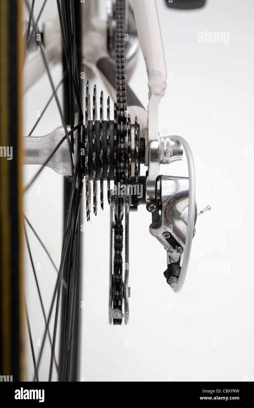 Road Racing Bike Fahrrad Schaltwerk Zahnräder Kettenräder Rückansicht Stockfoto