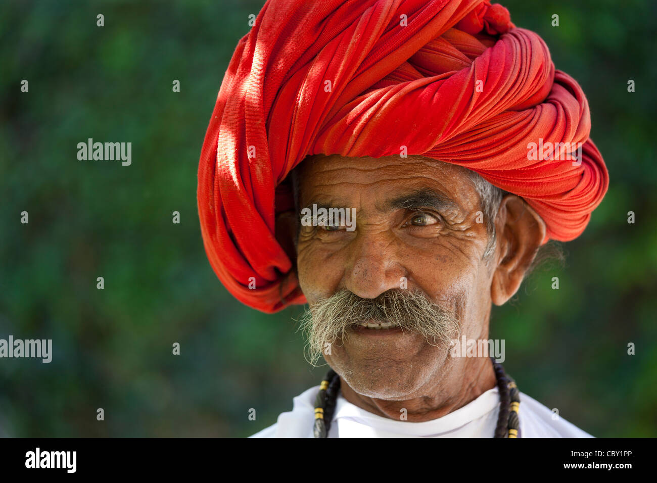 Indischer Mann mit traditionellen Rajasthani Turban in Narlai Dorf in Rajasthan, Nordindien. MODEL RELEASED Stockfoto