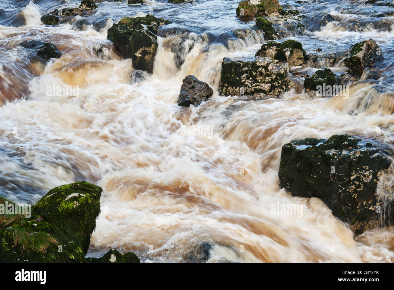 Linton fällt. Wasser fällt Grassinton Felsen schnell fließende Wasser Fluss Flusses Wharfe. Findlinge Stockfoto