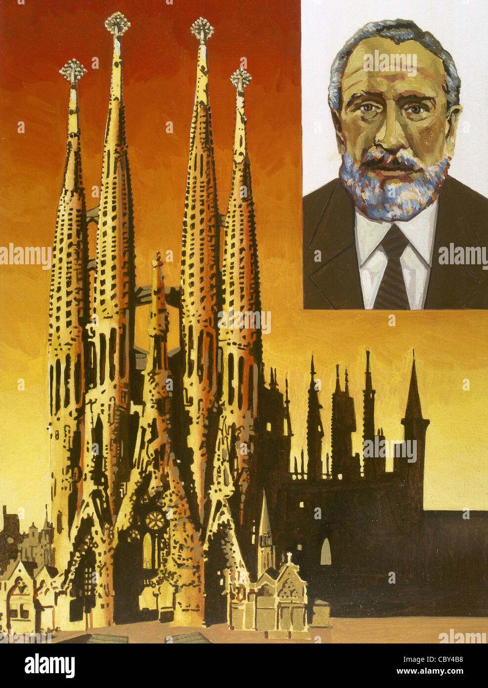 Antoni Gaudi Cornet (1852-1926). Spanischer Architekt. Portrait mit Basilika und Expiatory Kirche der Heiligen Familie. Zeichnung. Stockfoto