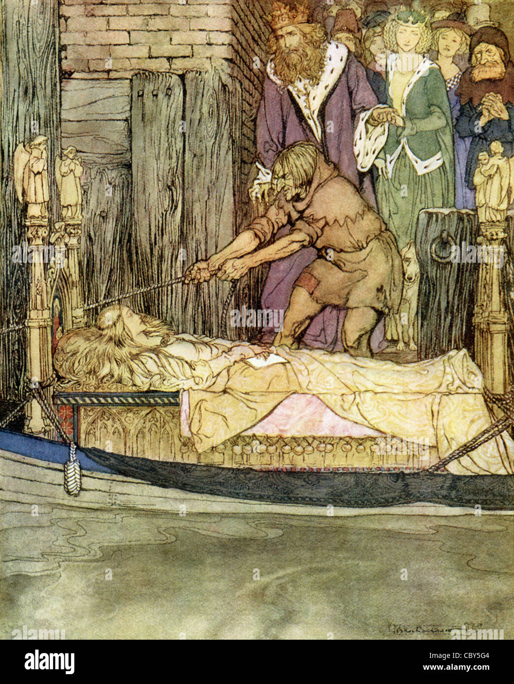 König Arthur und Guinevere Abschied die Leiche von Elaine, der Tochter von Bernard von Astolat. Stockfoto