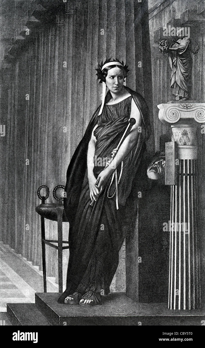 Mademoiselle Rachel spielt die griechische Muse der Tragödie Melpomene in diesem Stich vom französischen Maler Jean-Leon Gerome. Stockfoto