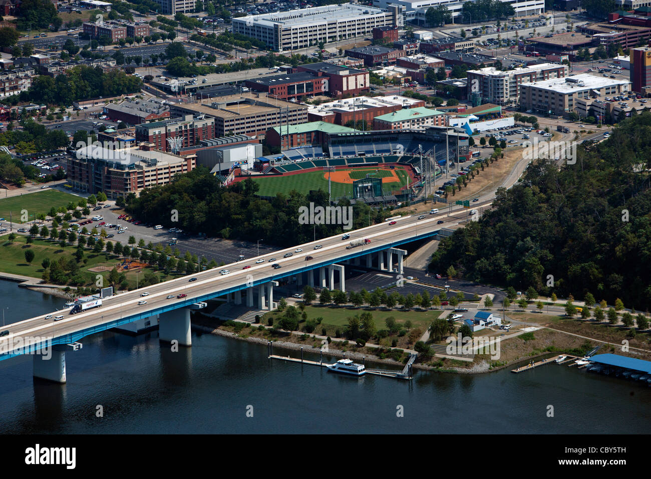 Luftbild AT&T Feld, Chattanooga, Tennessee Tennessee River Stockfoto