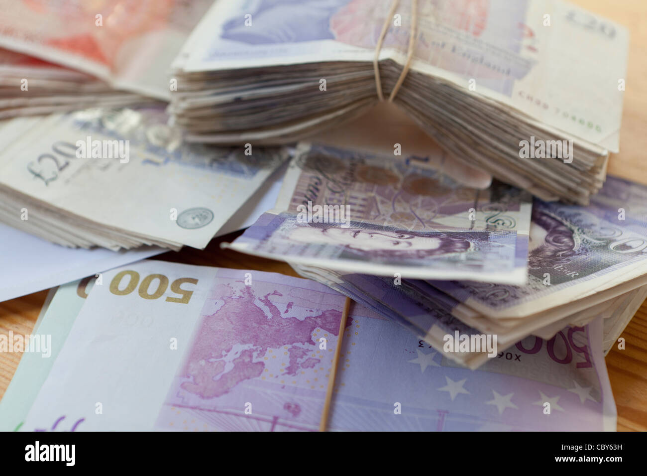 Euro und Pfund Streling Banknoten Stockfoto