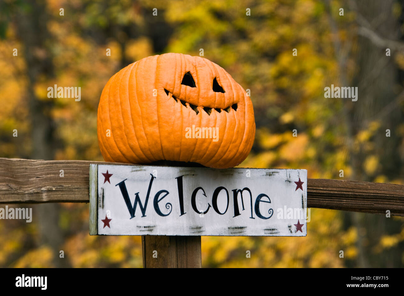 Herbst-Farbe und Willkommensschild mit lustigen Jack-O-Laterne Zaunpfosten in Floyd County, Indiana Stockfoto