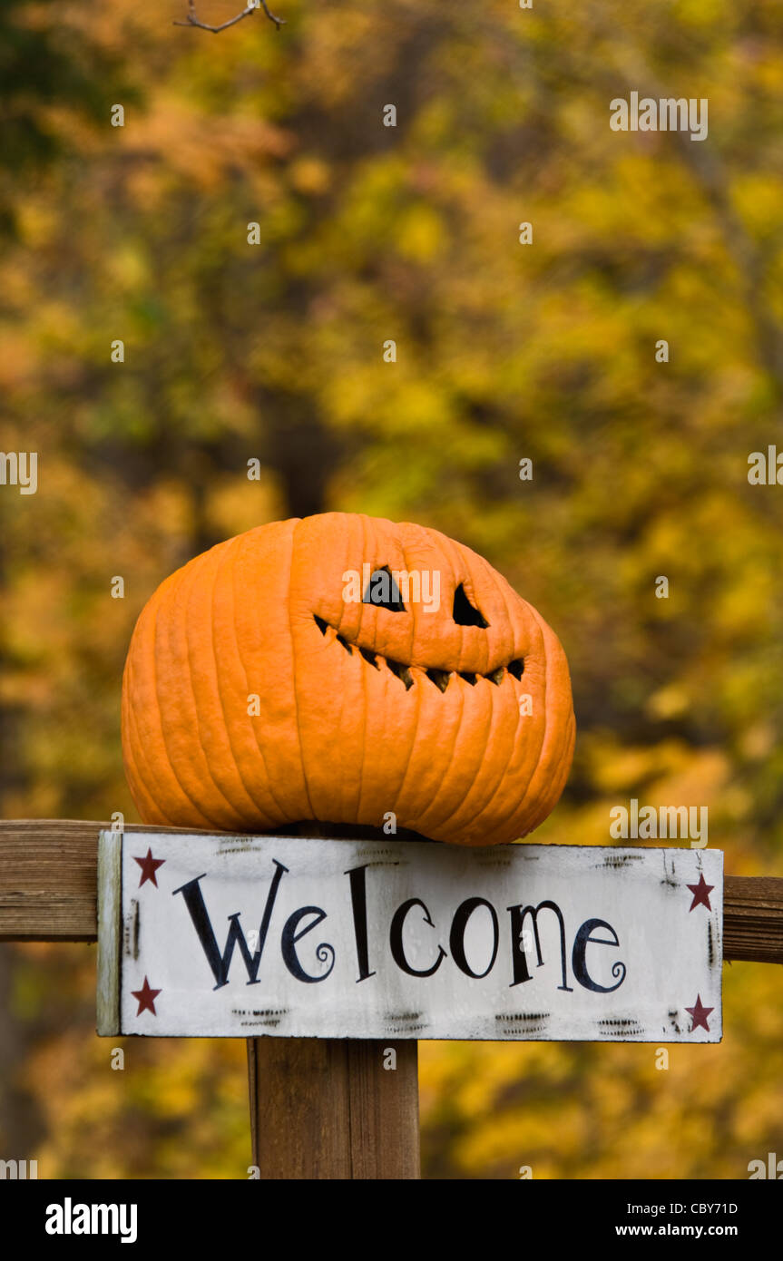Herbst-Farbe und Willkommensschild mit lustigen Jack-O-Laterne Zaunpfosten in Floyd County, Indiana Stockfoto