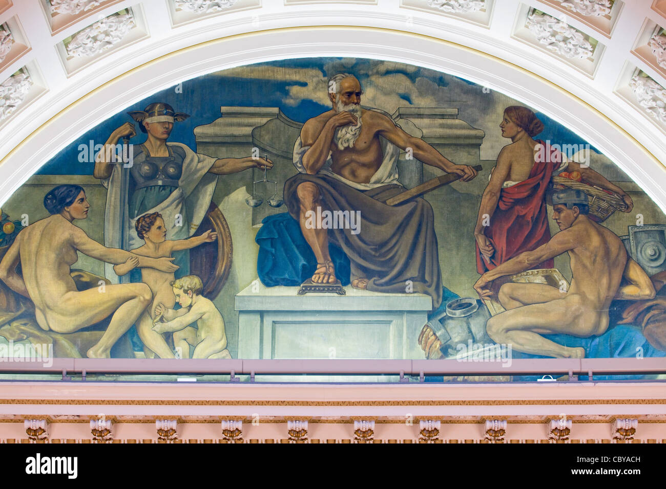 Einer der drei Wandbilder in den Lünetten des Ratssaals in der Guildhall, Hull, East Yorkshire. Stockfoto