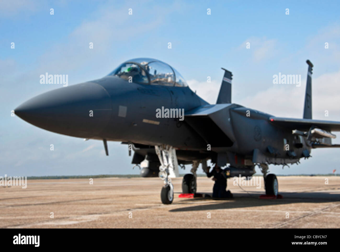 Steve Coleman schließt letzte Vorflugkontrollen unter einem F-15E Strike Eagle am 18. Januar 2011 auf der Fluglinie der Eglin Air Force Base ab. Diese F-15E ist mit dem neuen Radar APG-82(V)1 ausgestattet, das das 24 Jahre alte Radarsystem APG-70 ersetzt Stockfoto