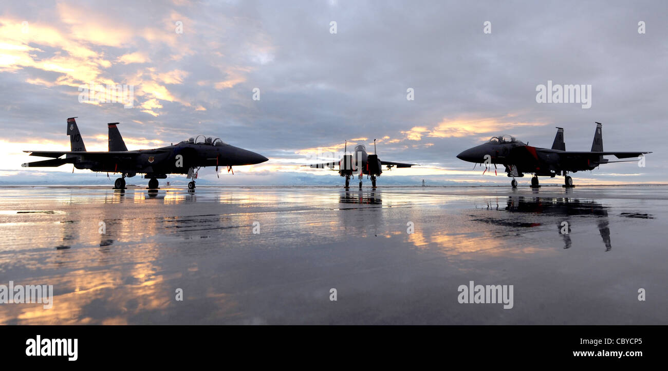 Ein F-15SG und zwei F-15E Strike Eagles sitzen während des Sonnenuntergangs am 6. Dezember 2010 auf der Mountain Home Air Force Base, Idaho. Die überragende Manövrierbarkeit und Beschleunigung des F-15 wird durch das hohe Schub-Gewicht-Verhältnis des Motors und die geringe Flügelbelastung erreicht. Es war das erste US-operative Flugzeug, in dem die Triebwerke das beladene Gewicht überstiegen und es im vertikalen Aufstieg beschleunigen konnten. Die F-15Es sind den 391. Und 389. Jagdgeschwader zugewiesen und die F-15SG ist dem 428. Jagdgeschwader zugewiesen. Stockfoto