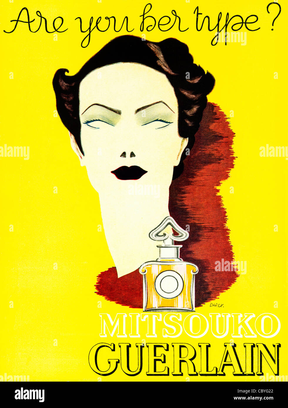 Mitsouko Guerlain, 1938 Anzeige in einer englischen Zeitschrift für klassisches französisches Parfüm, sind Sie ihrer Art Stockfoto