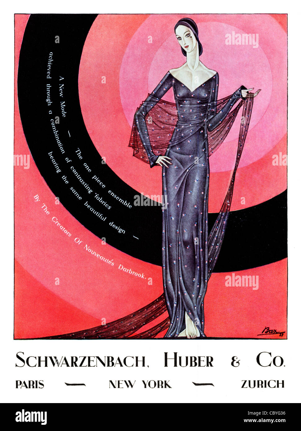 Swarzenbach, Huber, 1928 Art-Deco-Anzeige für den amerikanischen Seide Importeuren und New York Modehaus Stockfoto