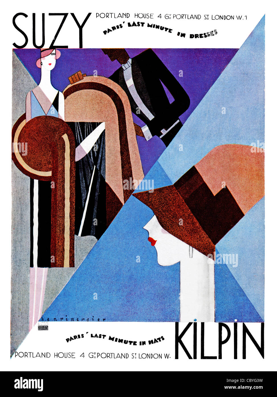 Suzy Kilpin, 1928 Art-Deco-Anzeige für das Londoner Modehaus mit den neuesten Kleider und Hüte aus Paris Stockfoto