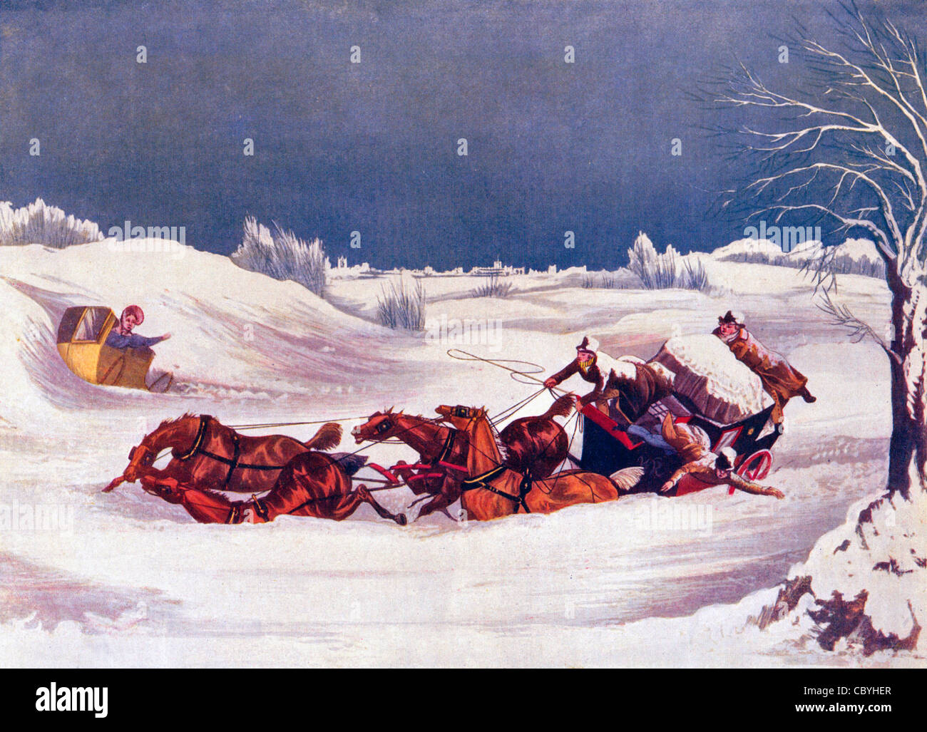 Die Liverpool-Mail in der Nähe von St Albans, um 1800 - Mail Schlitten im Schnee zu kämpfen - gestrandet Frau Wellen um Hilfe Stockfoto