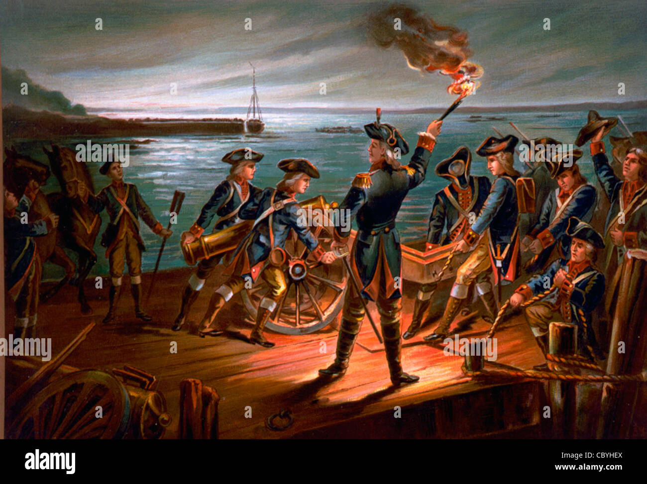 Rückzug der USA Armee Artillerie von Long Island 1776 im amerikanischen Unabhängigkeitskrieg Stockfoto