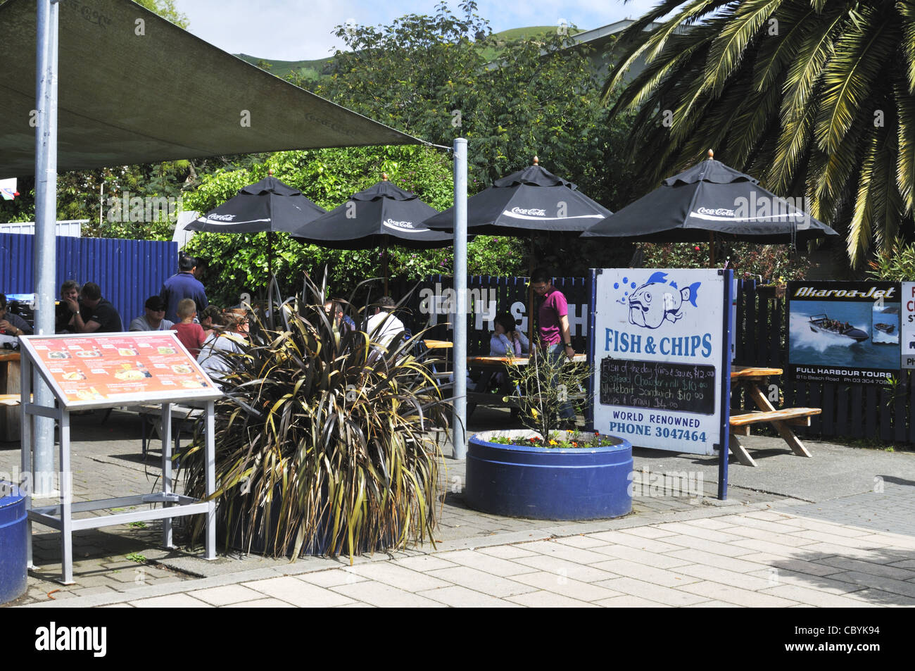 Akaora Fish &amp; Chips-Shop, New Zealand Stockfoto