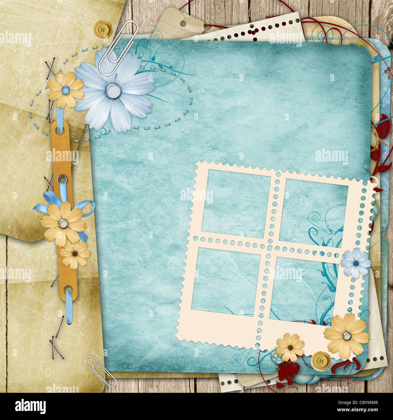 Alte shabby Stil Albumseite mit Blumen Stockfoto