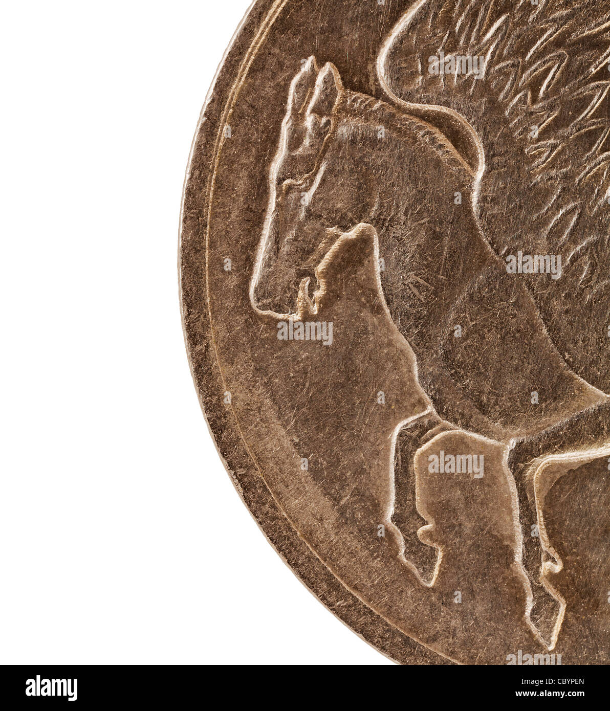 Pegasus, geflügelte Pferd aus der griechischen Mythologie, ein Detail (2-fache Lebensgröße) aus zehn Drachmen alte Münze in Umlauf (1973) Stockfoto