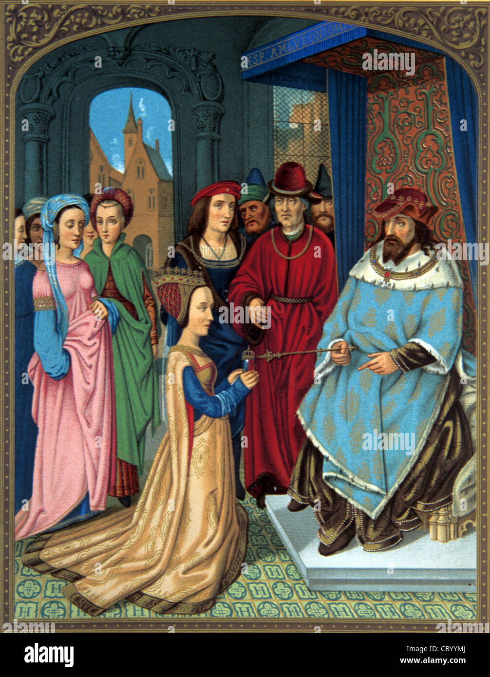 Die Königin von Saba trifft sich und kniet vor König Salomo am königlichen Hof, als sie dem israelitischen König eine Karawane von Geschenken bringt. Miniatur von Hans Memling. Unpassende c15. Kostüme Stockfoto