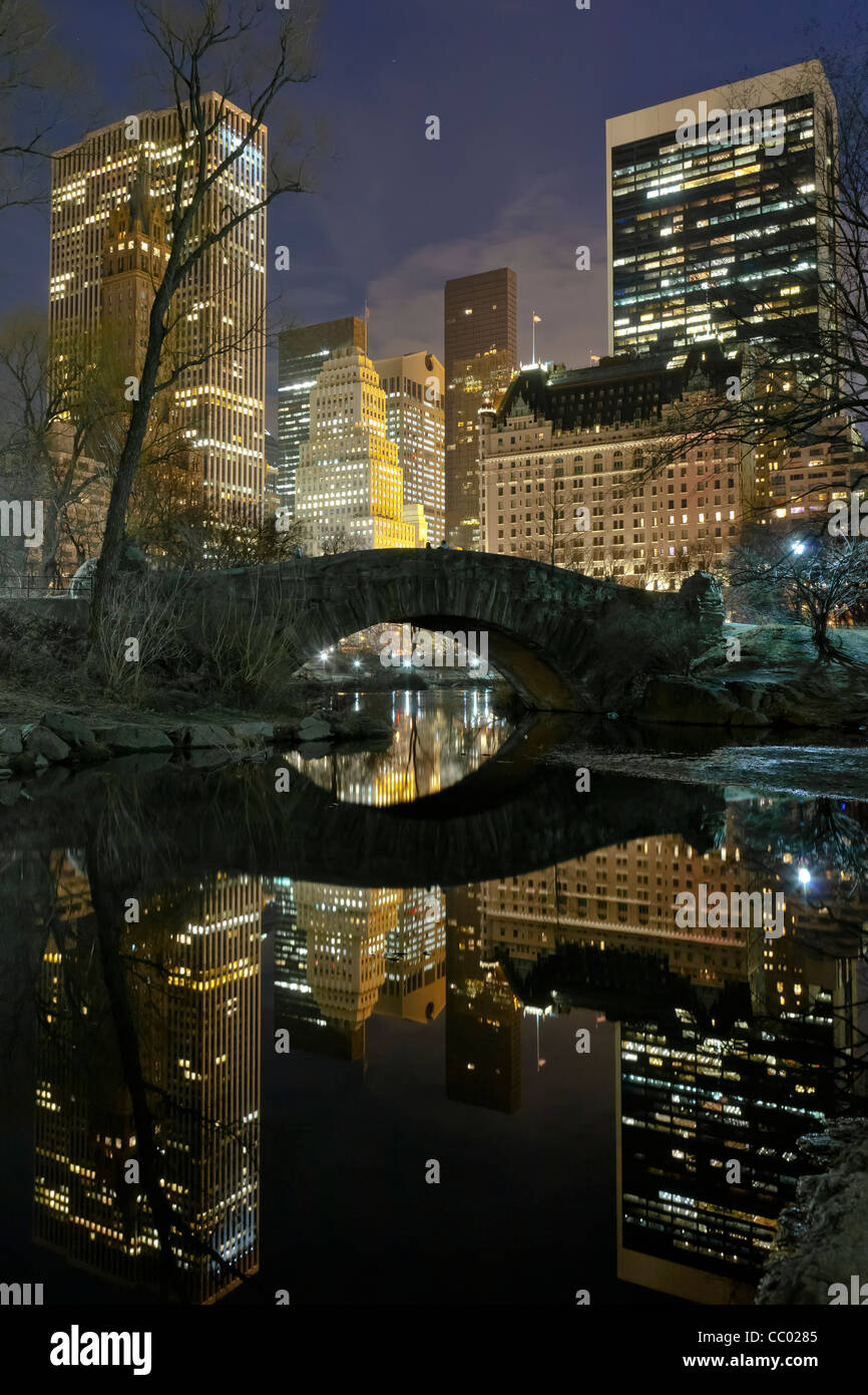 Der Teich im Central Park, New York bei Nacht. Stockfoto