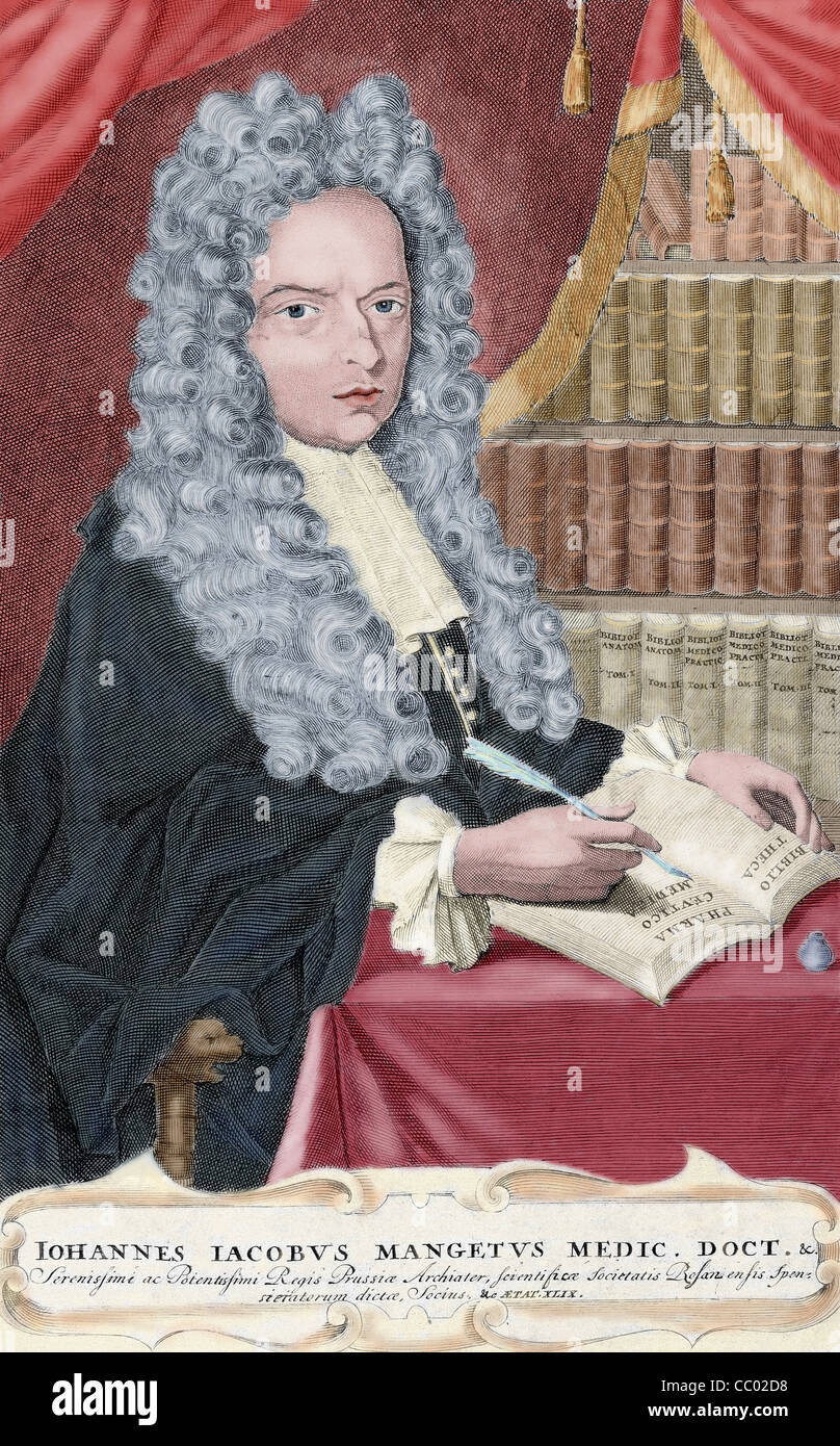Jean-Jacques Manget (1652-1742). Schweizer Arzt und Schriftsteller. Farbige Gravur. 18. Jahrhundert. Stockfoto