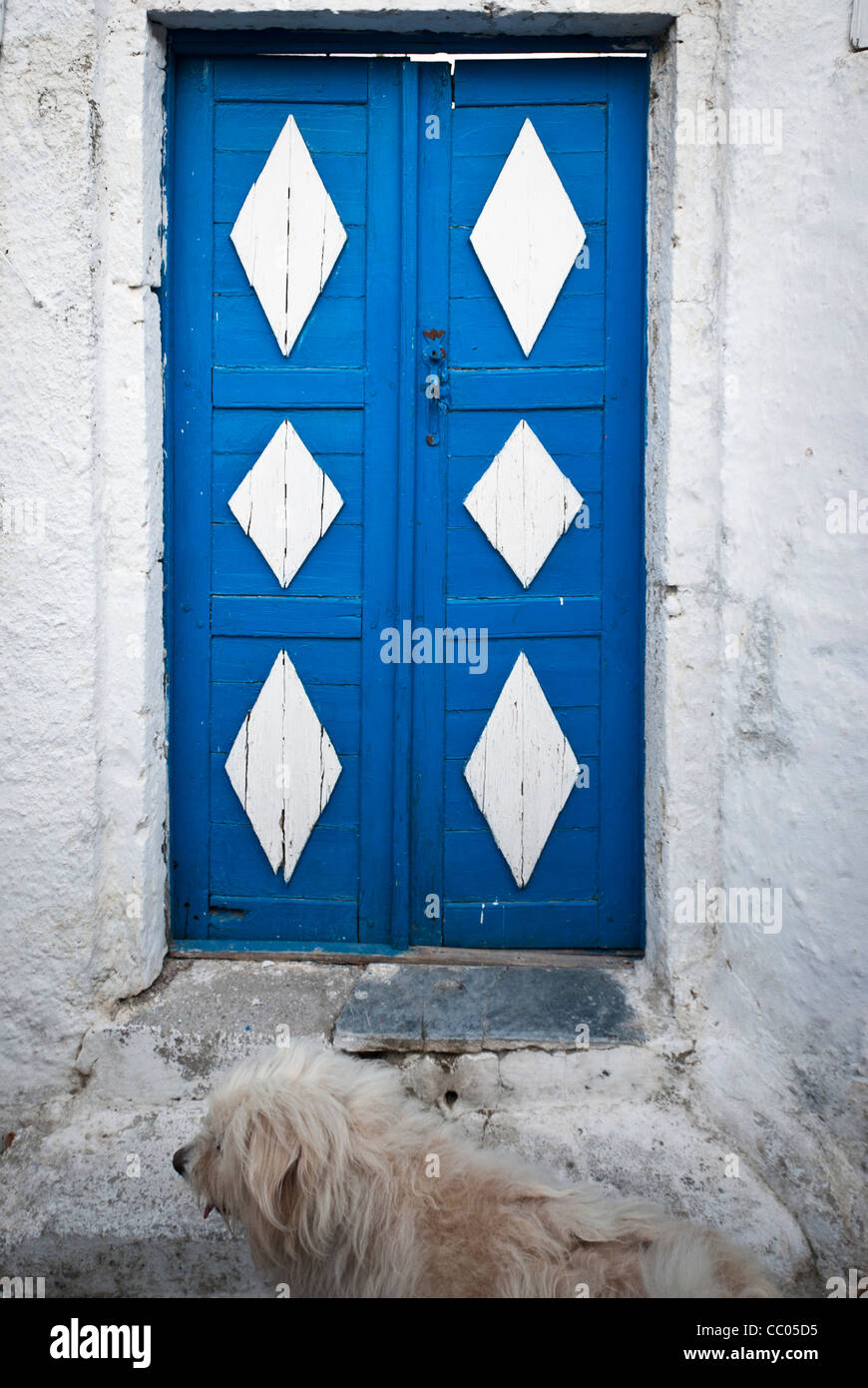 Paar blaue Türen mit weißen Brillanten aufgemalt in Oia, Santorini, Griechenland, mit Hund Stockfoto