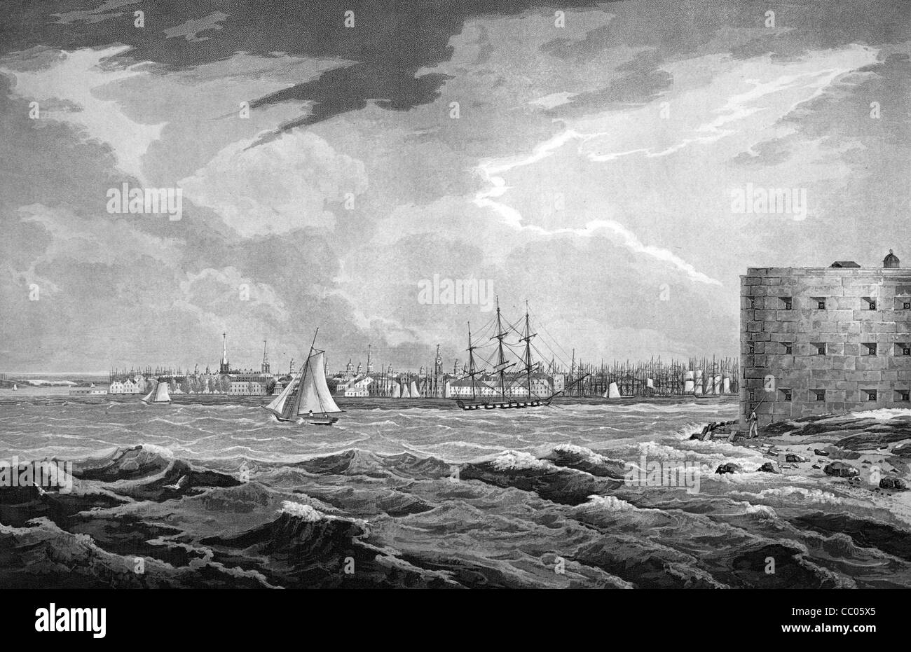 Blick auf New York City von Governors Island mit einem Soldaten patrouillieren außerhalb eine Festung und ein Segelboot und Segeln Schiff in den Hafen mit der Stadt im Hintergrund, ca. 1825 Stockfoto