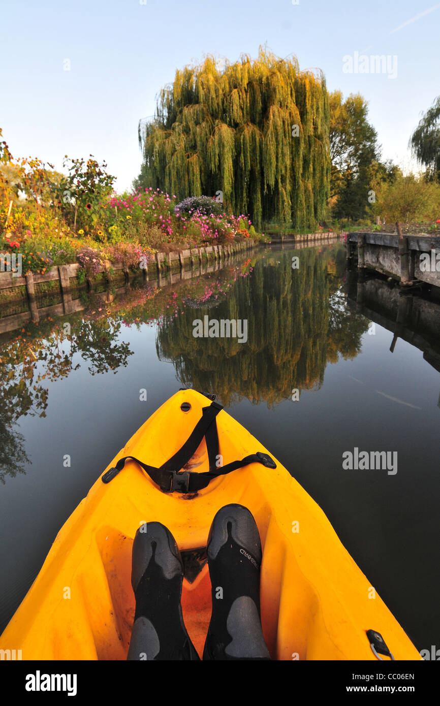 KAJAKFAHREN DURCH DIE HORTILLONNAGES ODER SCHWIMMENDE GÄRTEN, AMIENS, SOMME (80), FRANKREICH Stockfoto