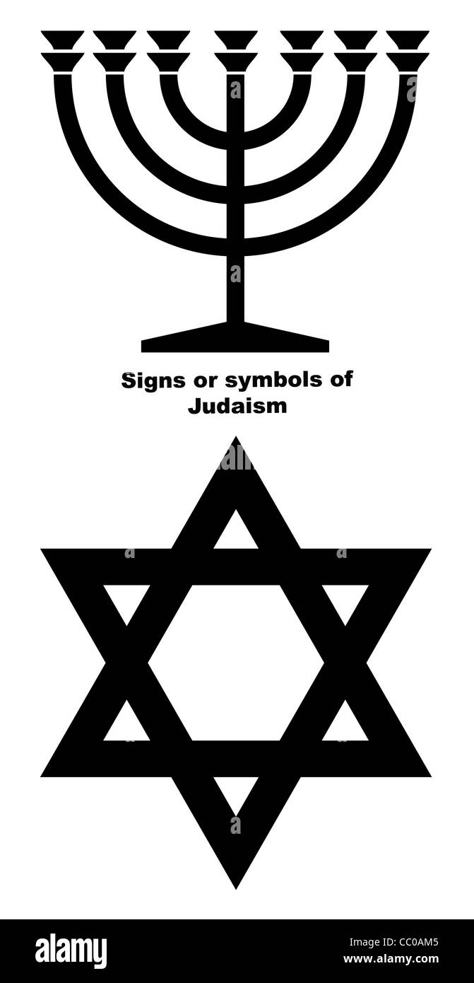 Jüdische Menorah Kerzenleuchter und Davidstern in schwarze Silhouette isoliert auf weißem Hintergrund. Stockfoto