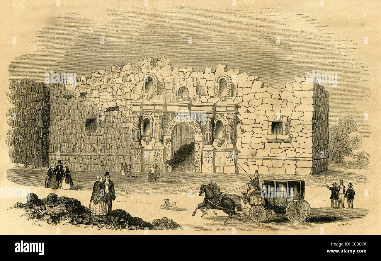 1854-Gravur, Alamo Mission Kirche (Kapelle) Ruinen in San Antonio, Texas, gegründet im Jahre 1716. Stockfoto
