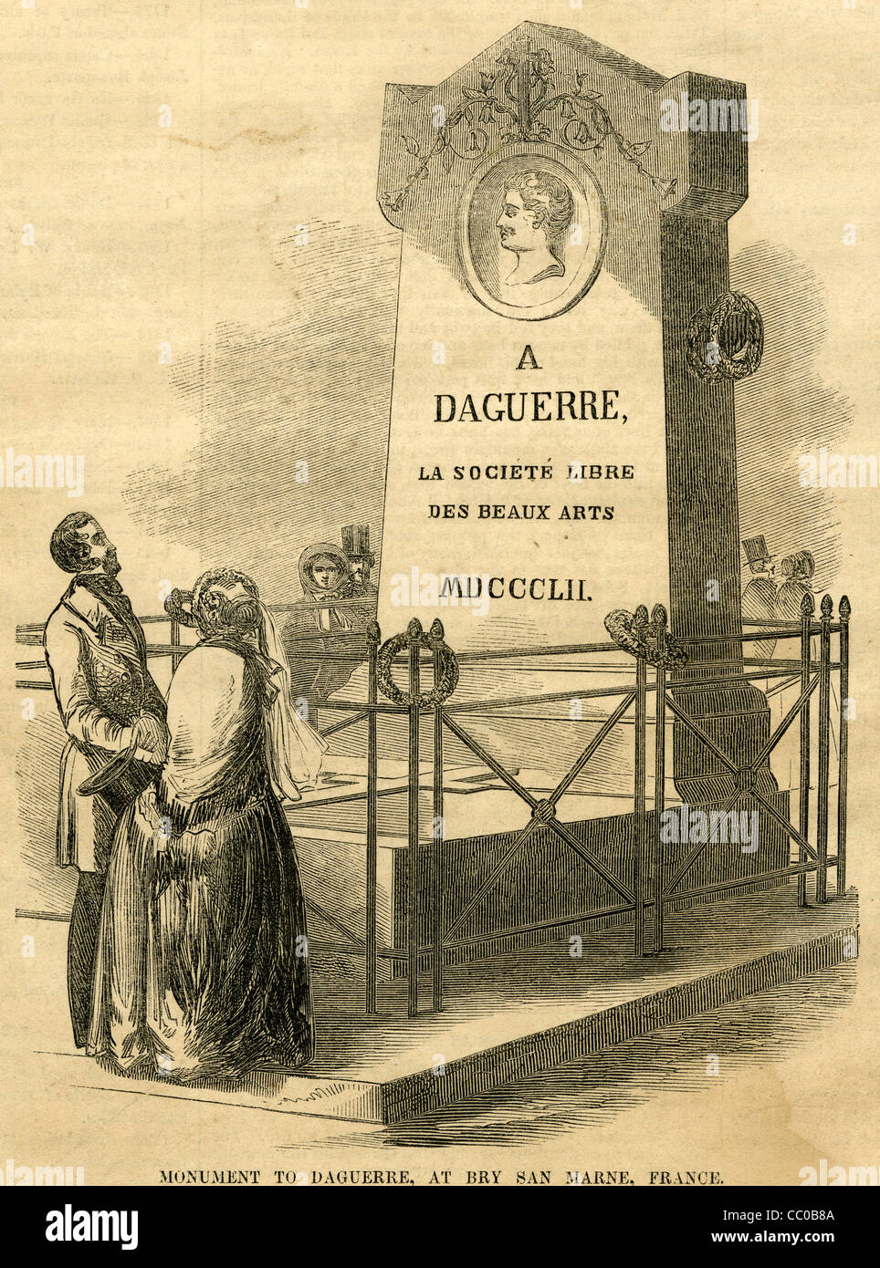1854-Gravur, Denkmal für Louis Daguerre in Bry-Sur-Marne, Frankreich. Stockfoto