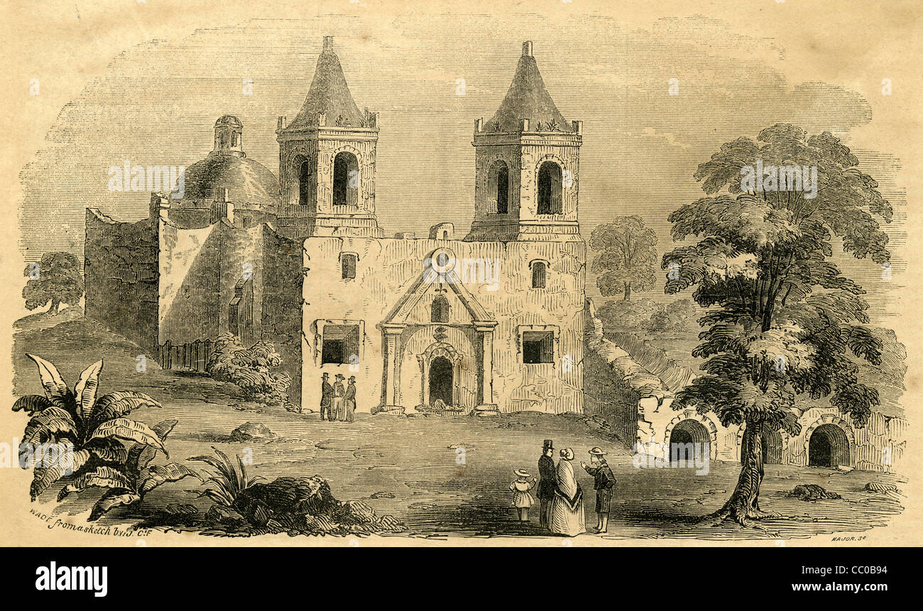 1854-Gravur, Mission Concepción in San Antonio, Texas, gegründet im Jahre 1716. Stockfoto