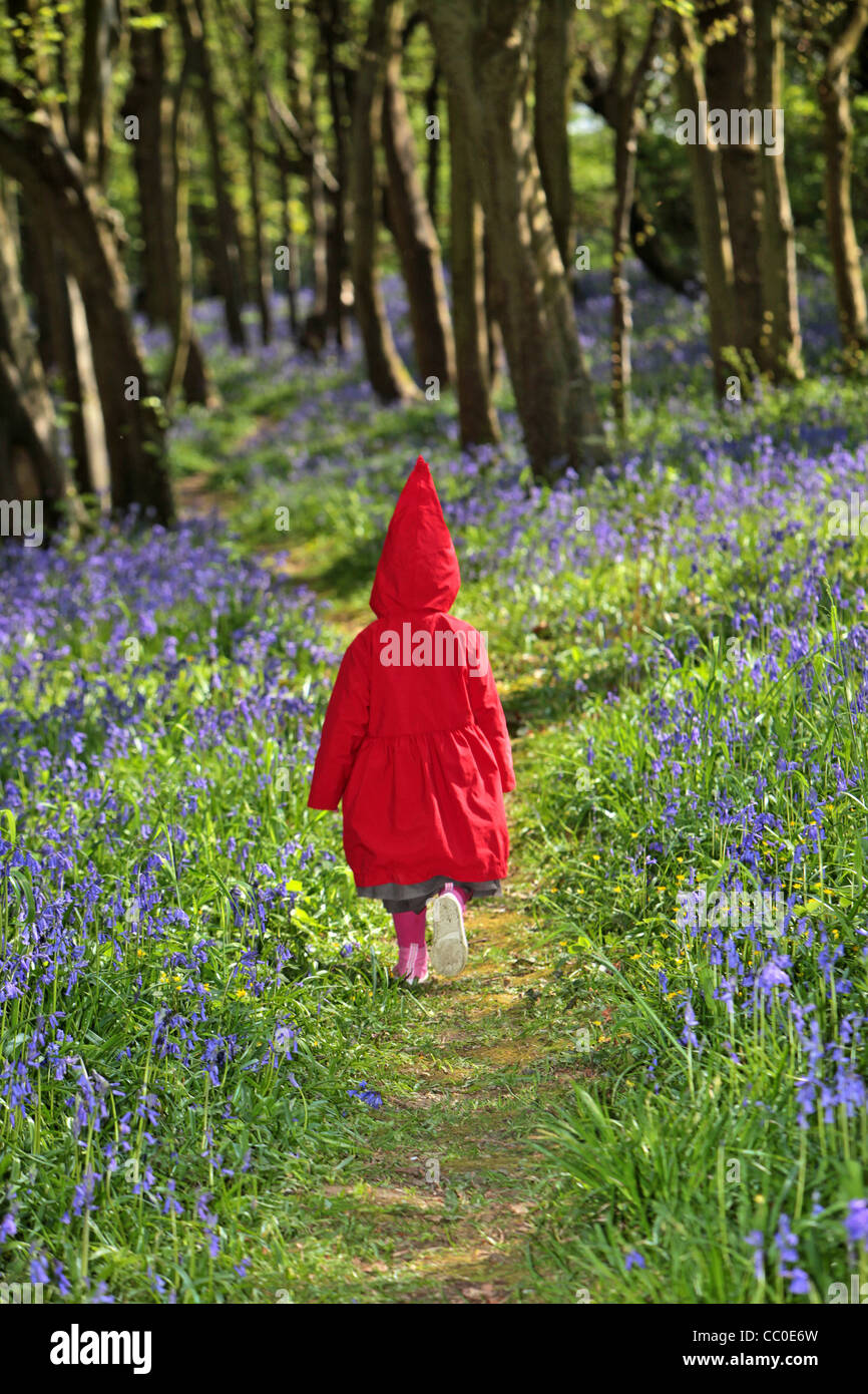 JUNGES MÄDCHEN GEKLEIDET WIE LITTLE RED RIDING HOOD, WANDERN IN DEN WÄLDERN, FRANKREICH Stockfoto