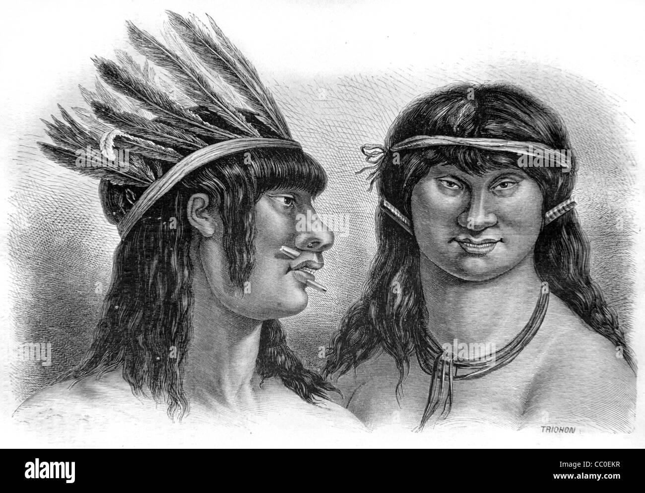 Porträts von ein paar Impetiniri Indianer oder indigene Indianer mit Kopfkleid & Piercings, Peru, Südamerika. 1864 Gravieren oder Illustration Stockfoto