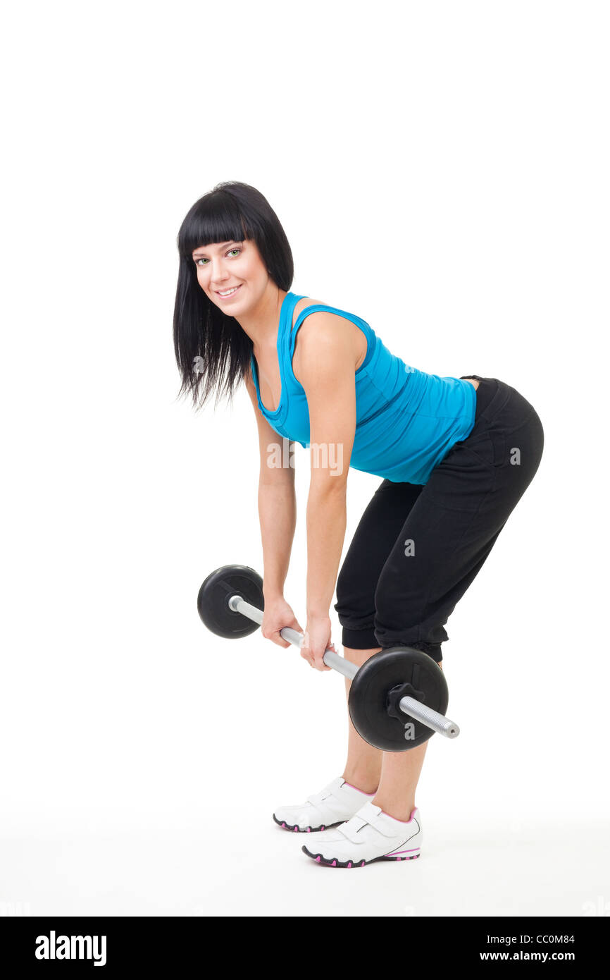 Frau Lehrer zeigen, Kreuzheben Übung mit freien Gewichten Stockfoto