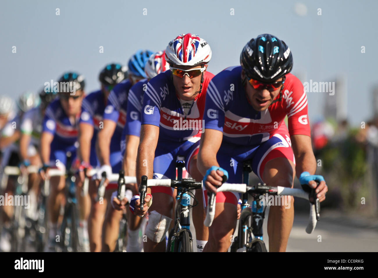 Straßen-Radrennen in der Weltmeisterschaft 2011 in Rudersdal Dänemark. Straßenlauf Männer, gewonnen von Mark Cavendish - Großbritannien Stockfoto