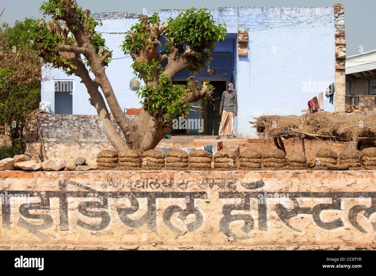 Indische Dorfbewohner zu Hause mit getrockneten Kuhdung als Brennstoff in Sawai Madhopur in Rajasthan, Nordindien Stockfoto