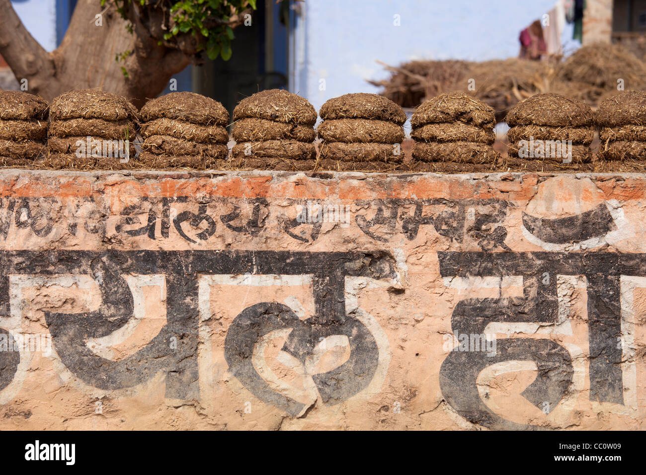 Indianerdorf mit getrockneten Kuhdung als Brennstoff in Sawai Madhopur in Rajasthan, Nordindien nach Hause Stockfoto